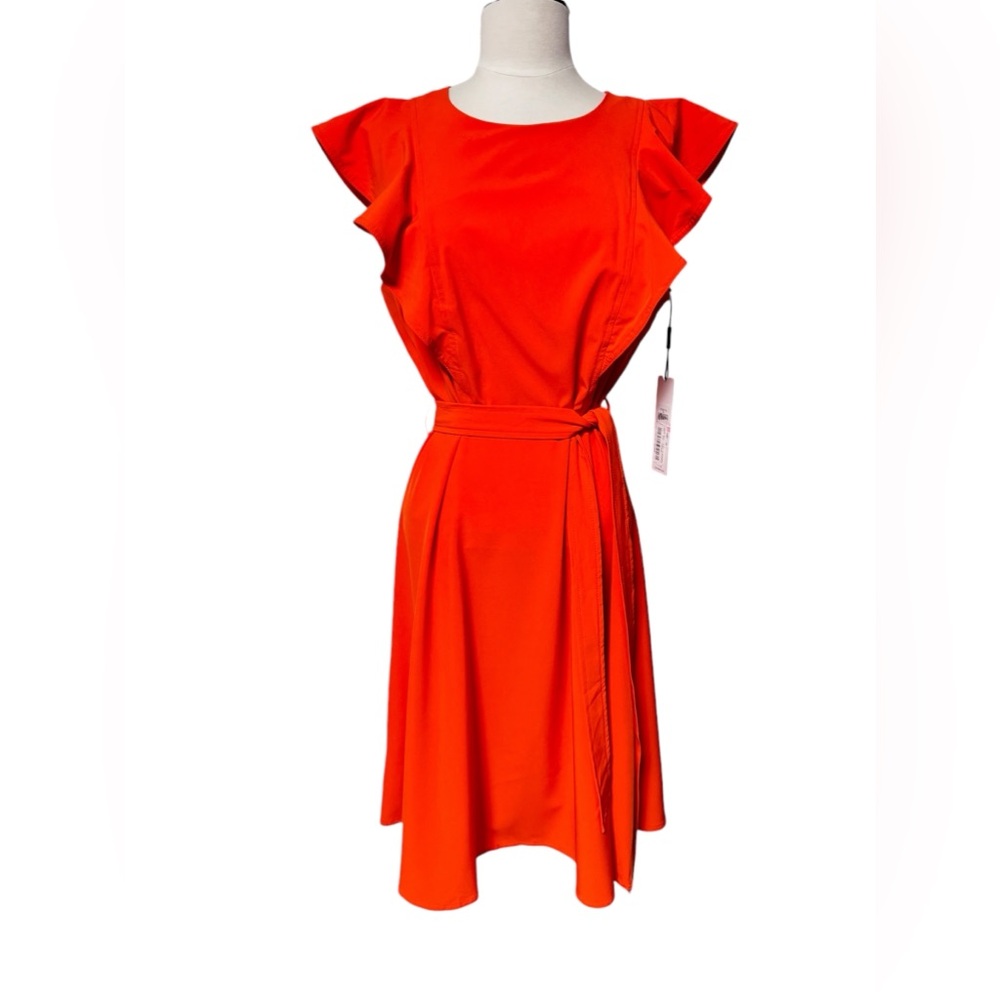 Calvin Klein Orange Flame Dress Ruffle Trim Sleeve Size 10